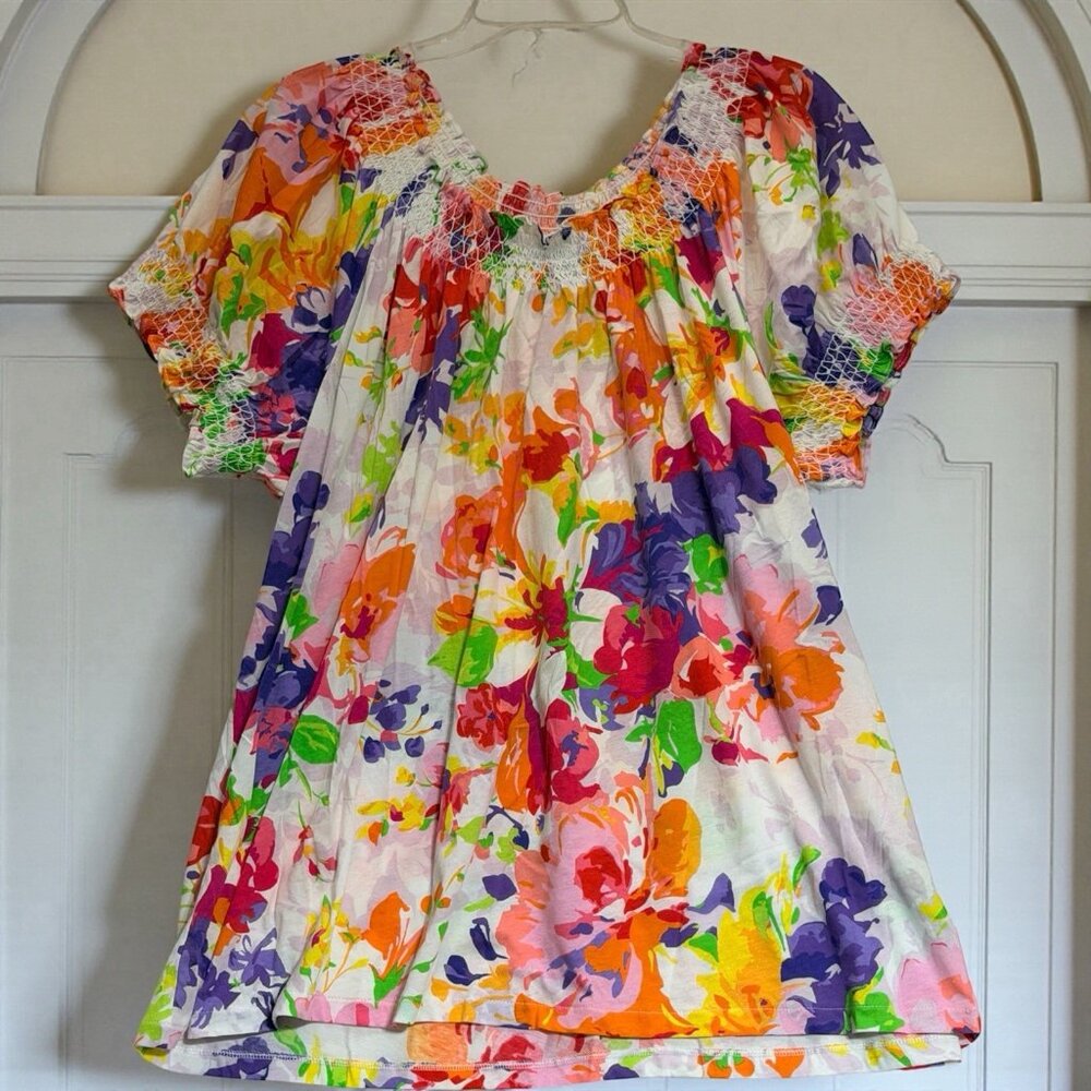 NWT LAUREN RALPH LAUREN Womens Floral Colorful Shirt Top 3XL Smocked Sleeve - Picture 2 of 9